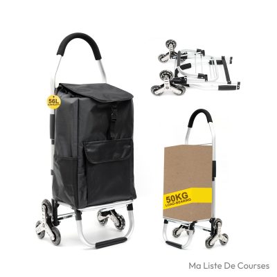 Chariot de courses monte-escalier 6 roues 56 L noir pliable