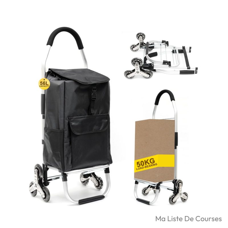 Chariot de courses monte-escalier 6 roues 56 L noir pliable